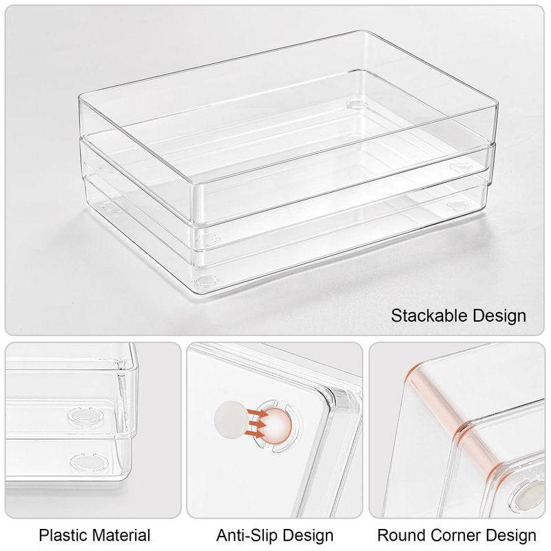 SMARTAKE 6 PCS Clear Plastic Drawer Organizers Set, Large Size Non-Slip Desk Drawer Organizer, Versatile Bathroom and Vanity Drawer Organizer Trays for Makeup, Bedroom, Office, Kitchen Utensils