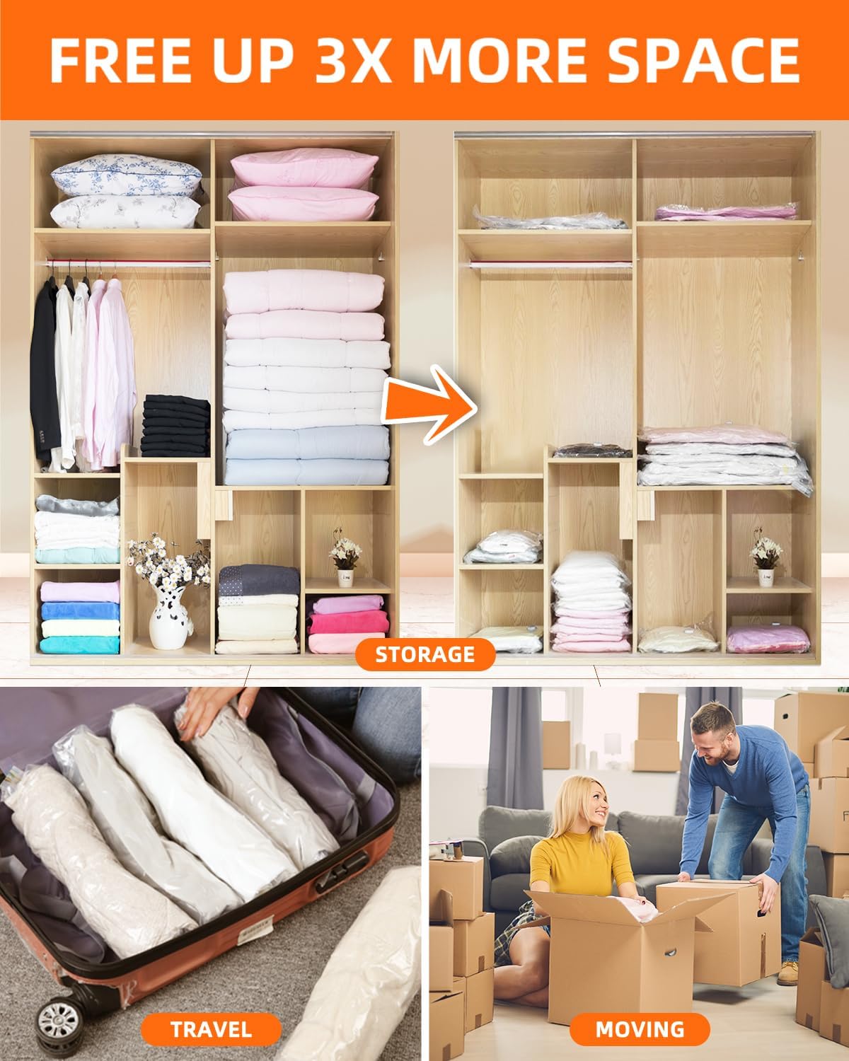 Skiennix Vacuum Storage Bags - Space Saver for Clothing, Bedding & Memory Foam | Medium Size