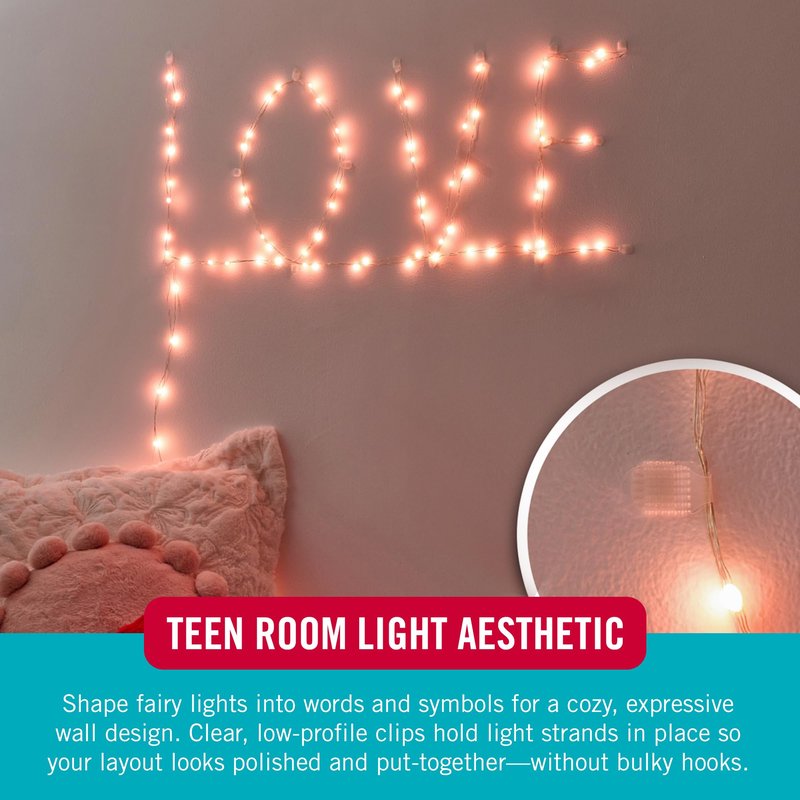 Velcro Brand Indoor Light Clips for Hanging Fairy Lights and Twinkle Lights, Adhesive Transparent Wall Clips that Blend into Your Décor, Damage‑Free and Removable, Small 48 Pack