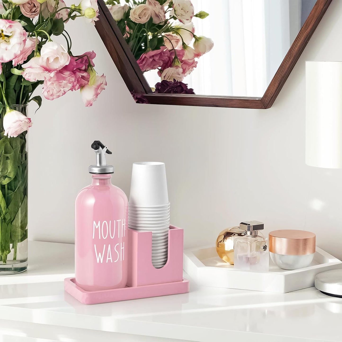 Skiennix Glass Mouthwash Dispenser - 16 OZ with Pour Spout & Wood Cup Holder | Pink Farmhouse Decor