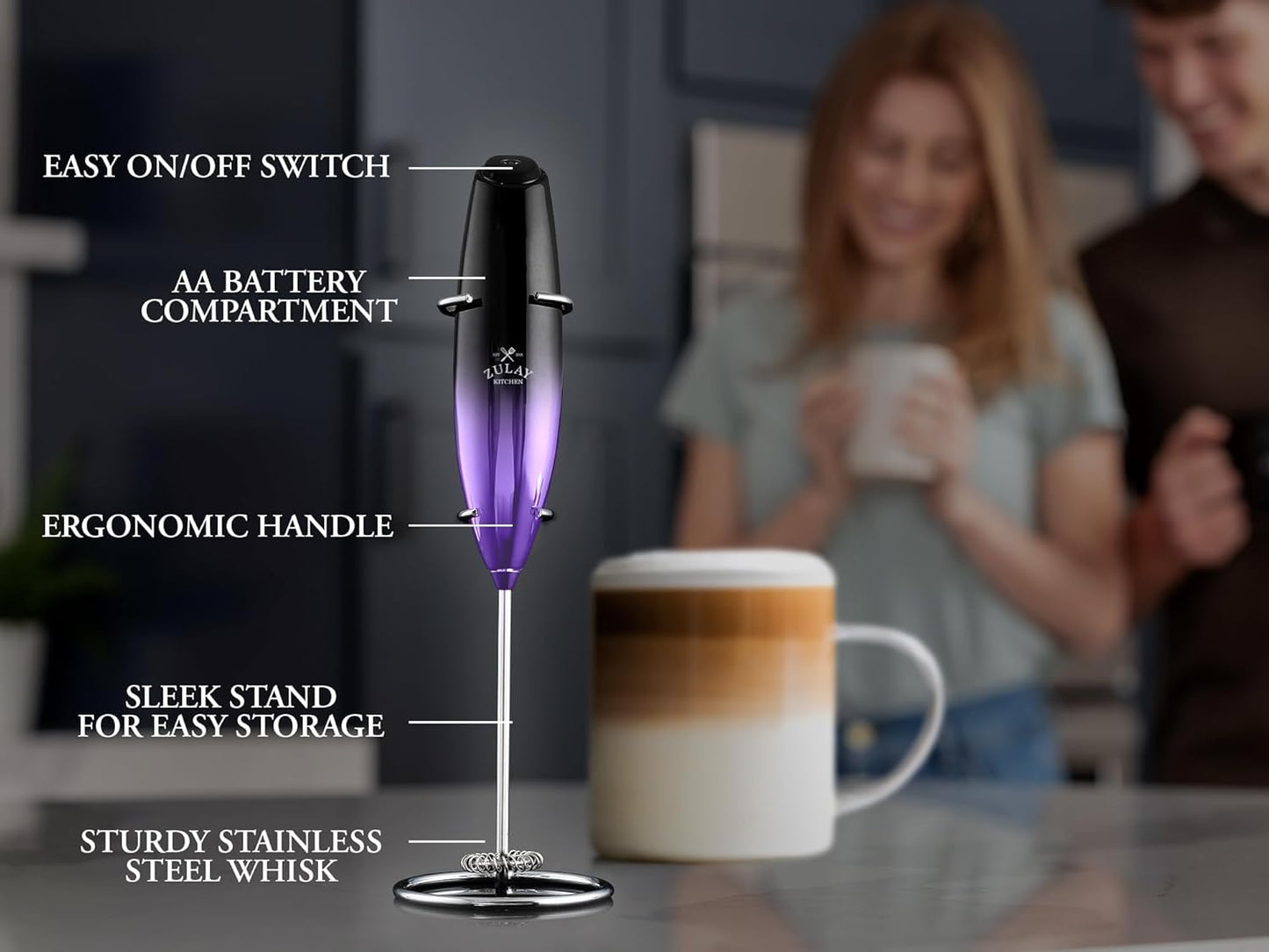 Zulay Kitchen Milk Frother - Handheld Electric Foam Maker for Coffee, Lattes & Hot Chocolate - Deluxe Gift for Coffee Lovers