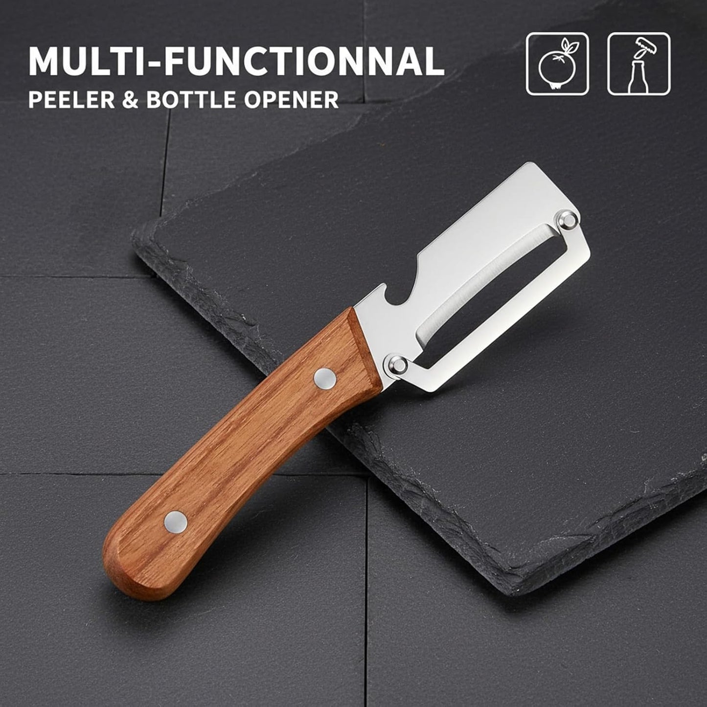 Sakerplus Multifunctional Vegetable Peeler - Premium Stainless Steel Blade with Wooden Handle & Bottle Opener