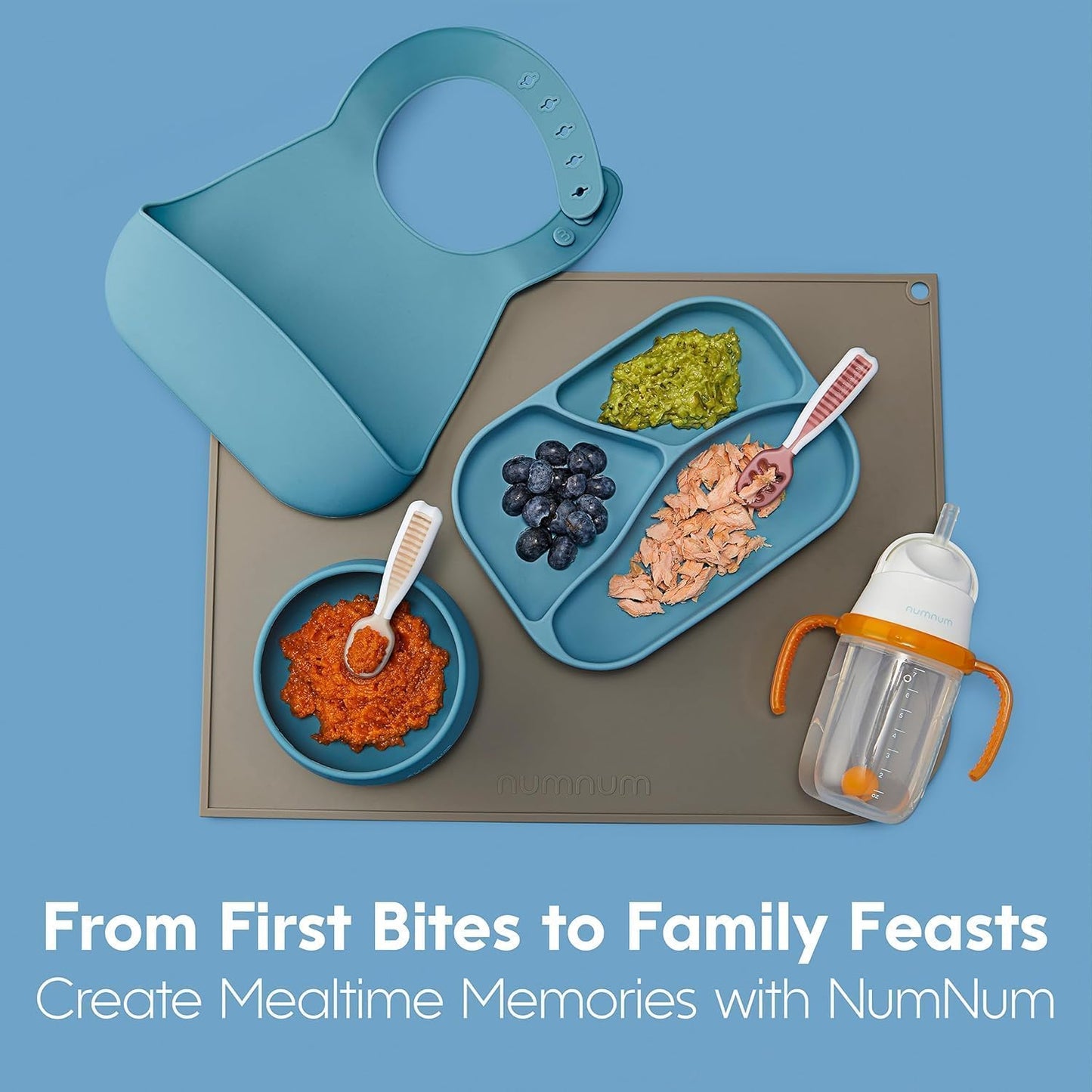 NumNum Baby Spoons Set - Silicone Self-Feeding Utensils for Baby Led Weaning | BPA-Free, 2 Pack Blue/Yellow, 6+ Months