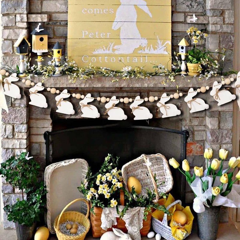 Easter Decorations Garlands, Cute Bunny Easter Garland with Wooden Beads, Rustic Banner for Mantel, Fireplace, Wall, Home, Farmhouse, Office, School Indoor Spring Decor Supplies