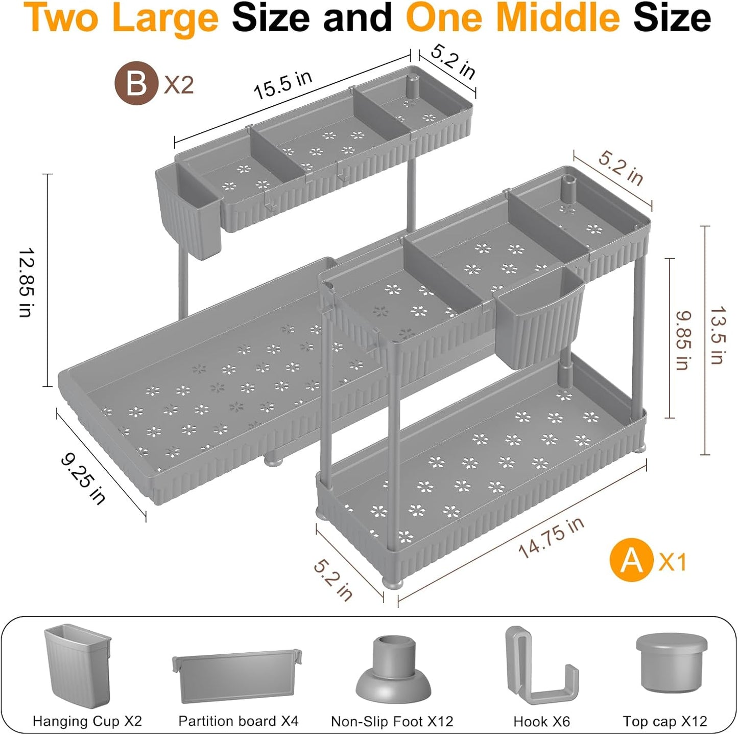 Sevenblue Multi-Purpose Under Sink Organizer - L-Shaped Pull-Out Cabinet Storage for Bathroom & Kitchen (Grey, 12.85 Inch)
