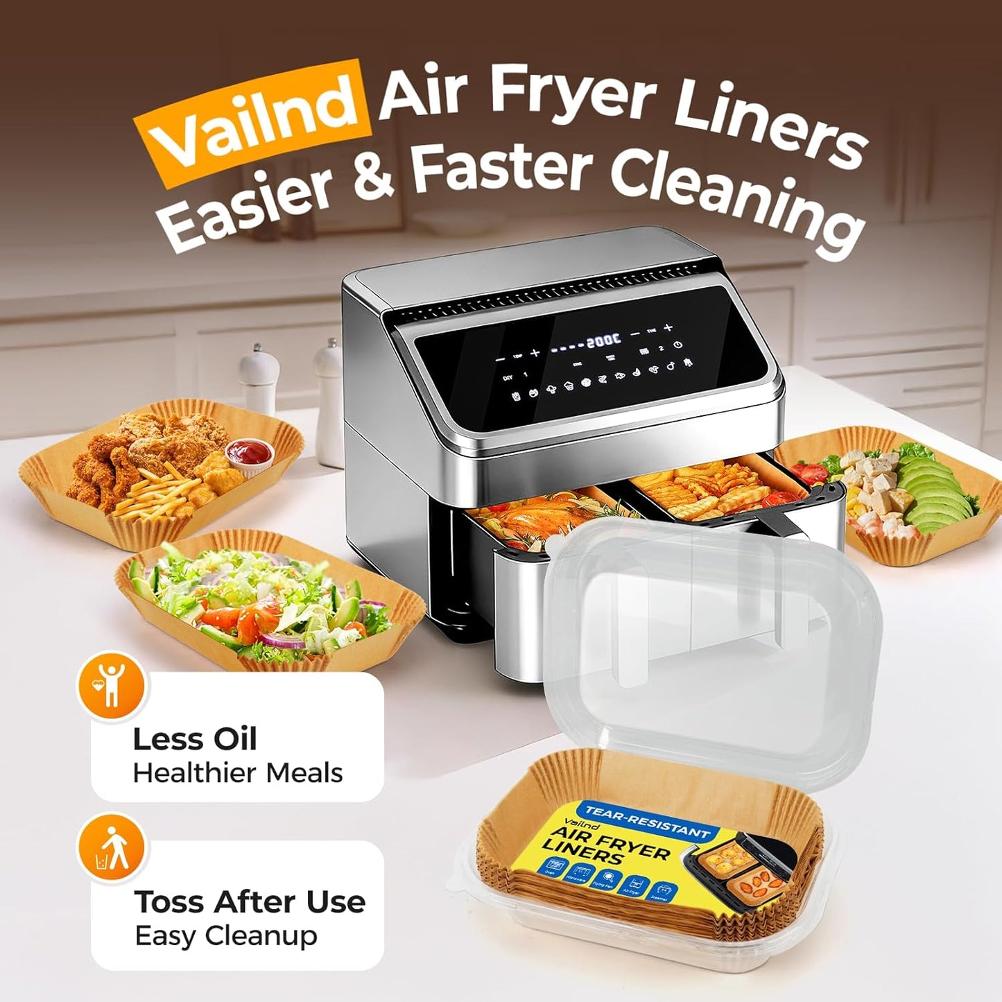Vailnd Air Fryer Liners - Disposable Parchment Paper for Dual Baskets | 200 Pcs, Oil Proof (8.6x5.5 Inch)