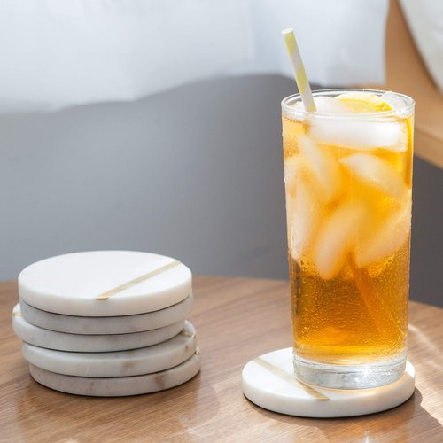 Cork & Mill Marble Coasters Set of 6 - Luxury Aesthetic Modern Decor for Coffee Table- White Marble with Gold Brass Inlay - Real Natural Semi Absorbent Stone Coasters