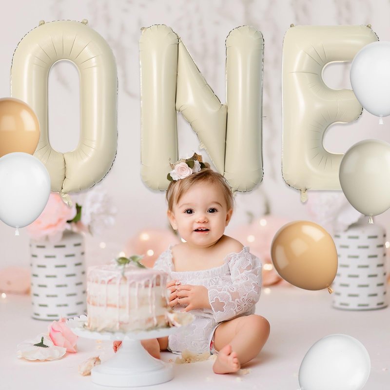 Biapian 40 Inch One Letter Balloons, Big Cream ONE Foil Balloons, 3 Pcs Giant Foil Large Aluminum Balloon Helium for Anniversary First One Year Old Girl and Boy 1st Birthday Party Decoration (Cream)