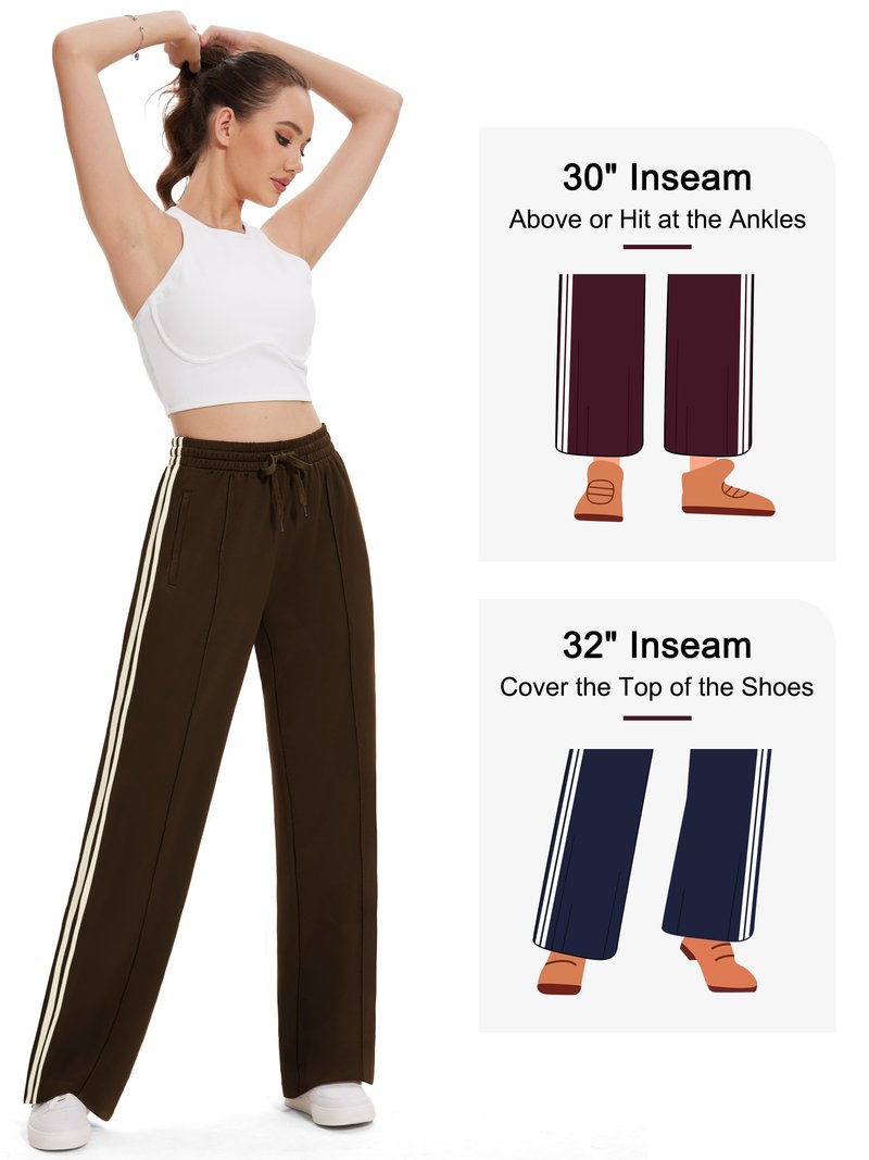 Tapata Petite Womens 28" Inseam Track Pants Relaxed Fit Striped Workout Sweatpants Baggy Trousers with Zipper Pockets, Brown, L