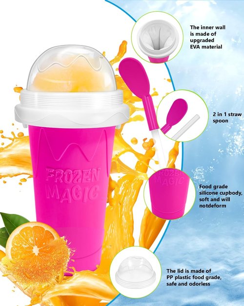 DIY Magic Slushy Maker Cup - Portable Double Layer Silica Slushie Cup with Lid & Straw - Pink