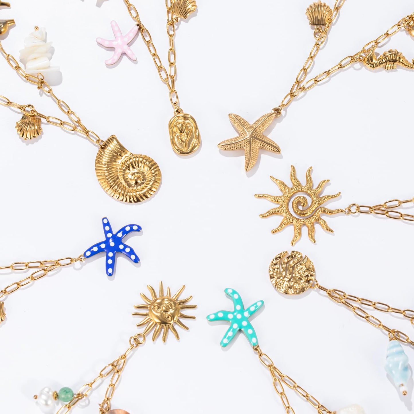 Chunky Gold Necklace Statement Boho Beach Ocean Summer Stainless Steel Jewelry Shell Starfish Turquoise Dolphin Pearl Sun Flower Wave Heart Fish Charm Choker Necklaces for Women(Flower)