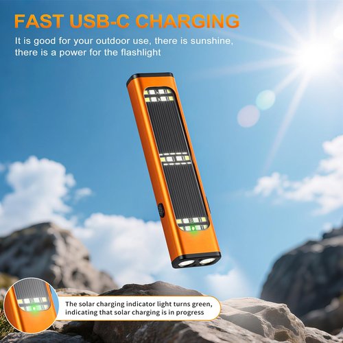 Ciwuzxs Solar/Rechargeable Flat Flashlights, 900 Lumens EDC Tactical Flashlight, Multi Function LED Small Flashlight, 7 Modes IP65 Waterproof for Home, Camping,and Emergency Use (Orange)