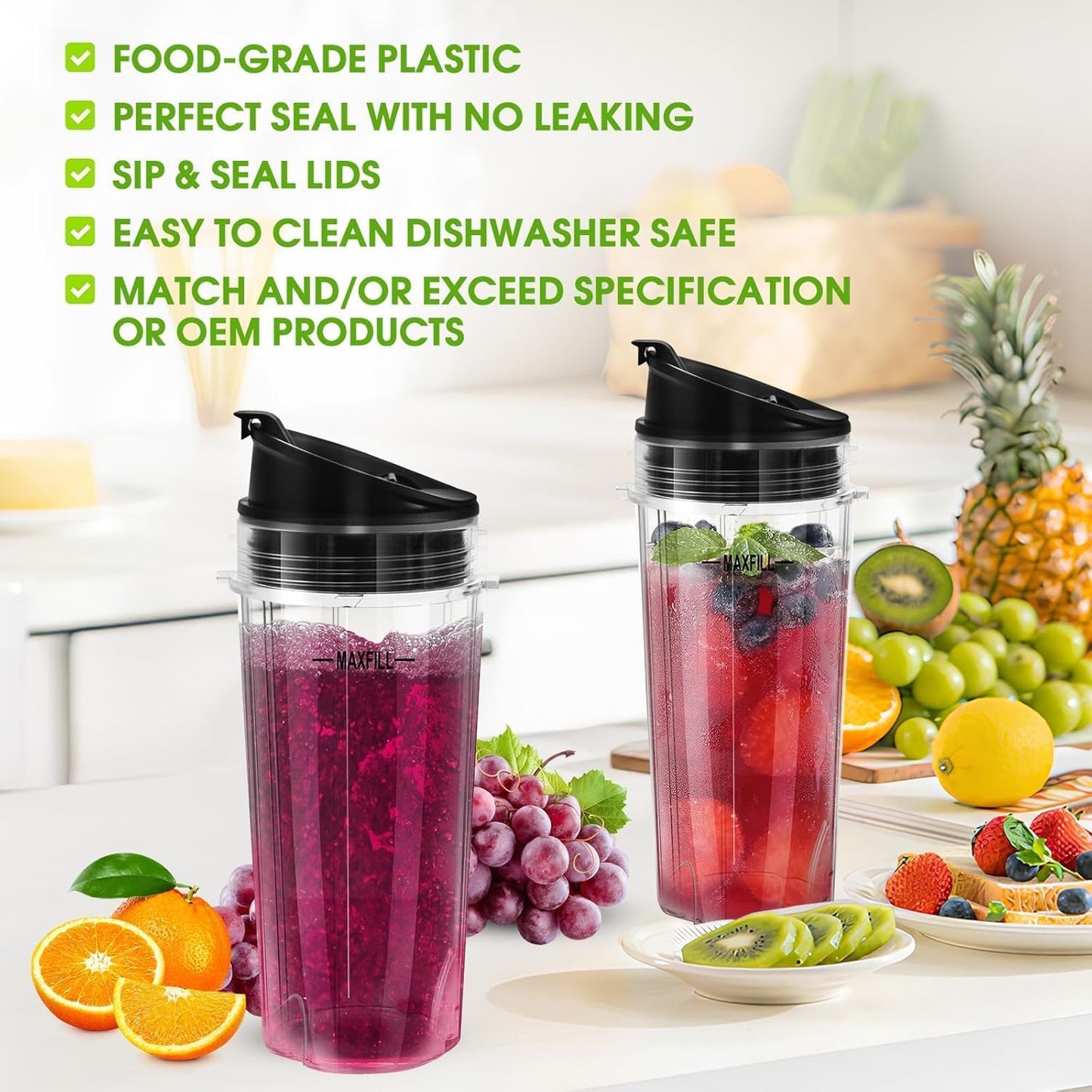 Ninja Blender Cups - 16oz Replacement Cups with Lids | 3-Pack Compatible with QB3001SS, BL770, BL780, BL660, BL740, BL810, Nutri Ninja Series