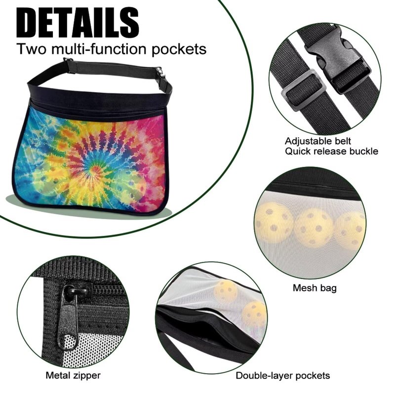 Kathyboom Tennis Ball Holder Rainbow Tie Dye Pickleball Waist Bag with No-Slip Belt, Holds 8-10 Balls for Pickleball, Golf, Running, Hands-Free