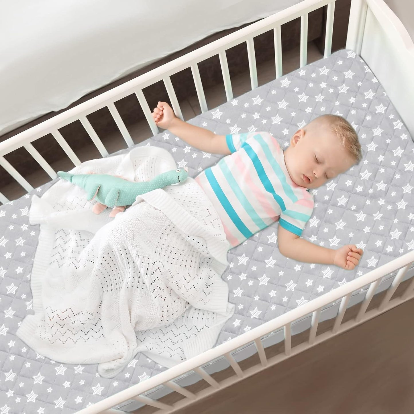Skiennix Crib Mattress Protector - Waterproof Quilted Pad Cover, Extra Soft & Breathable, 52" x 28", Grey Star