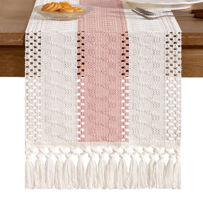 Socomi Boho Table Runner Easter Spring Farmhouse Rustic Dining Kitchen Centerpiece Decor Small Macrame Woven Cotton Linen Coffee Table Runner for Dresser Scarf Home Decor 12x36 inPink Ivory