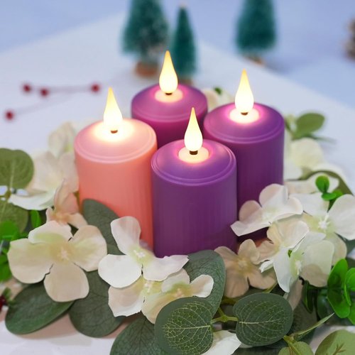 Daord D2 x H4 Advent LED Candles - Set of 4 Flameless Pillar Candles in Purple & Pink for Christmas Decor