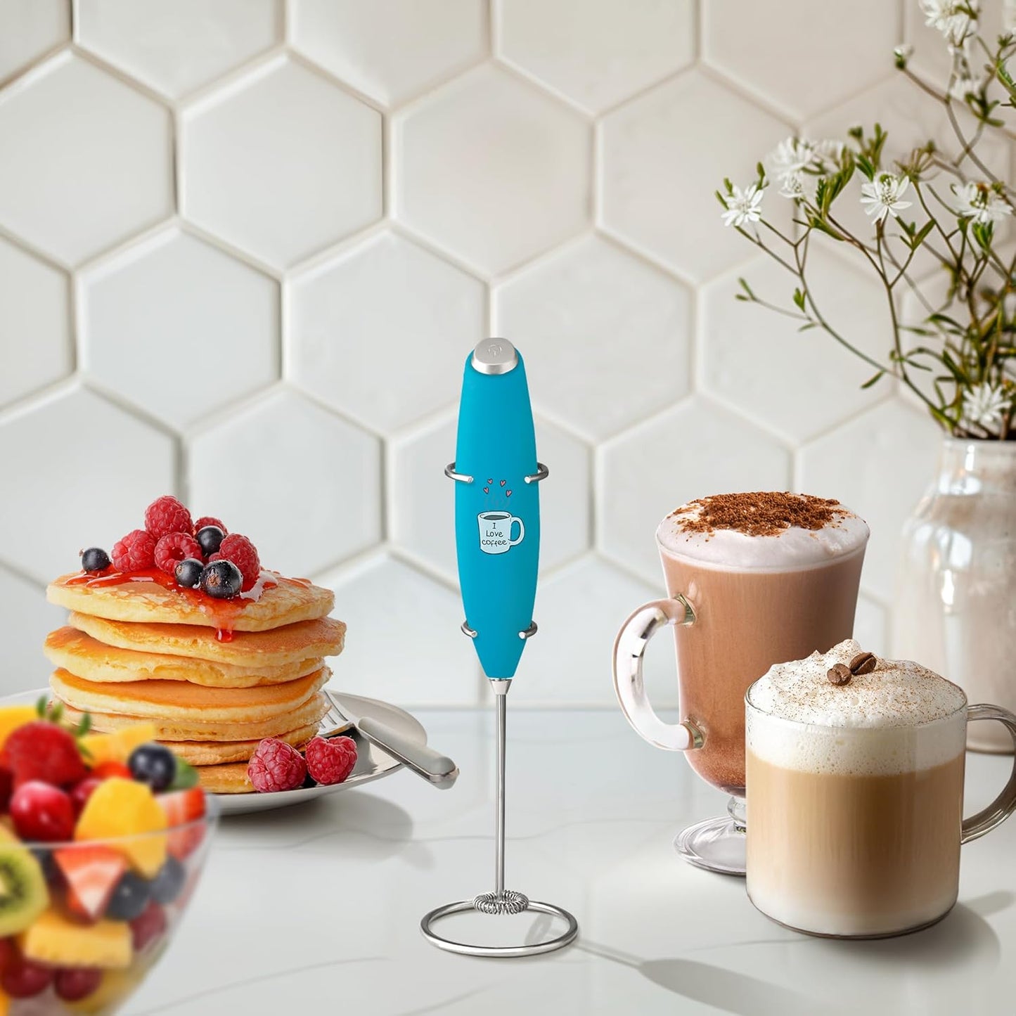Zulay Kitchen Milk Frother Wand - Ultra-Fast Handheld Electric Whisk for Coffee, Lattes & Matcha - Love Coffee Blue