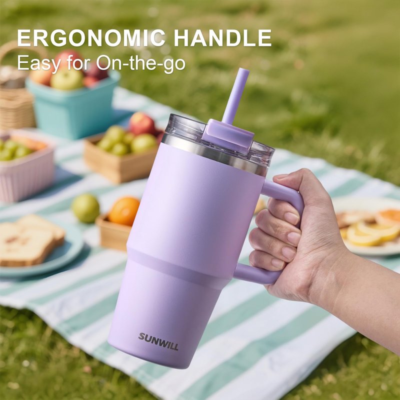 SUNWILL 20 oz Tumbler with Lid, Travel Coffee Mug with Handle and Straw Leak Proof, Stainless Steel Cup Insulated for Office & Gym, Cupholder Friendly, Powder Coated Light Purple