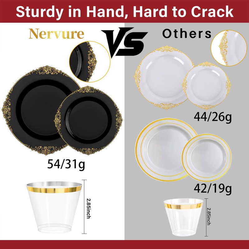 Nervure 175PCS Black Plastic Plates - Disposable Black Gold Party Plates & Pre Rolled Napkins with Cutlery for 25 Guests, 50Plates, 75Silverware, 25Cups, 25Napkin for Wedding & Party