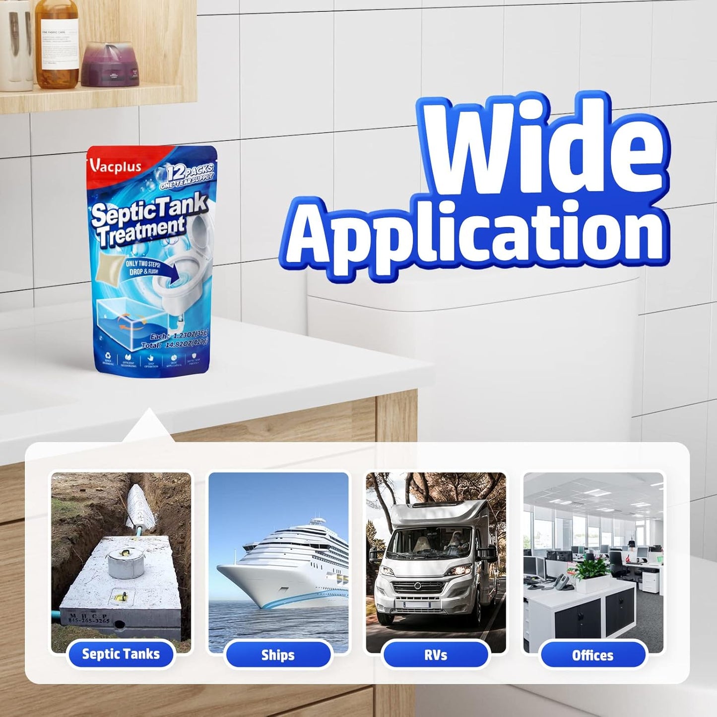 Vacplus Septic Tank Treatment - 12 Dissolvable Packs for 1-Year Supply | Biodegradable Enzymes for Waste & Odor Control
