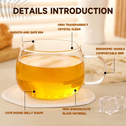 GURUDAR Glass Tea Cups Set of 2, Clear Borosilicate Glass Teacups with Handle for Tealover, Dishwasher & Microwave Safe Large Coffee Mugs for Espresso Cappuccino Latte Juice, 12OZ/360ML