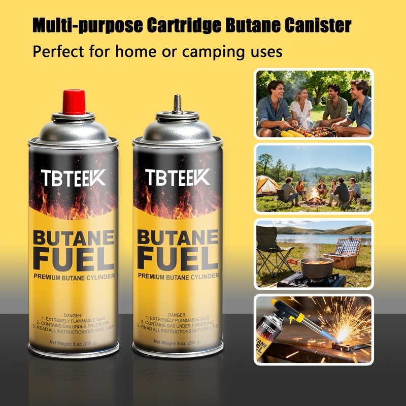 TBTeek Butane Fuel Canister, Butane Gas 8 oz, 3-Pack Premium Pure Refined Butane Gas Refill for Kitchen Torch Head, Camping Stove, Outdoor Cooking, Grilling & Emergency Use