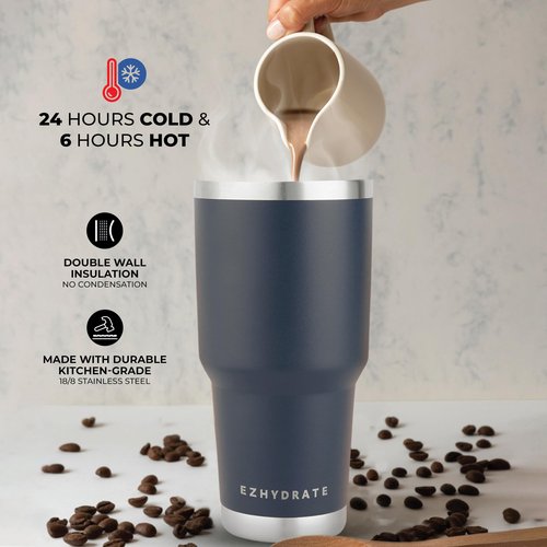 Ezhydrate 30oz Tumbler with Lid - Stainless Steel Vacuum Insulated Coffee Travel Mug, Double Wall, Durable, Leak Proof, BPA Free, Ice Coffee Thermal Cup, Navy Blue