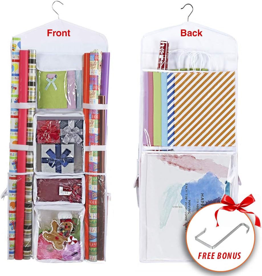 Primode Gift Wrap Organizer - Over The Door Wrapping Paper Storage With Double-Sided Pockets | 40”x17” (White)