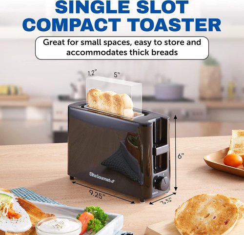 Elite Gourmet Cool Touch Single Slice Toaster - 6 Toasting Levels & Wide Slot for Bagels, Black