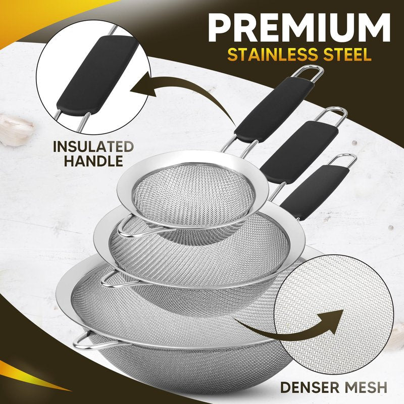 Kafoor Set of 3 Fine Mesh Strainers for Kitchen | 3.4 inch, 5.5 inch and 7.9 inch Stainless Steel Strainer
