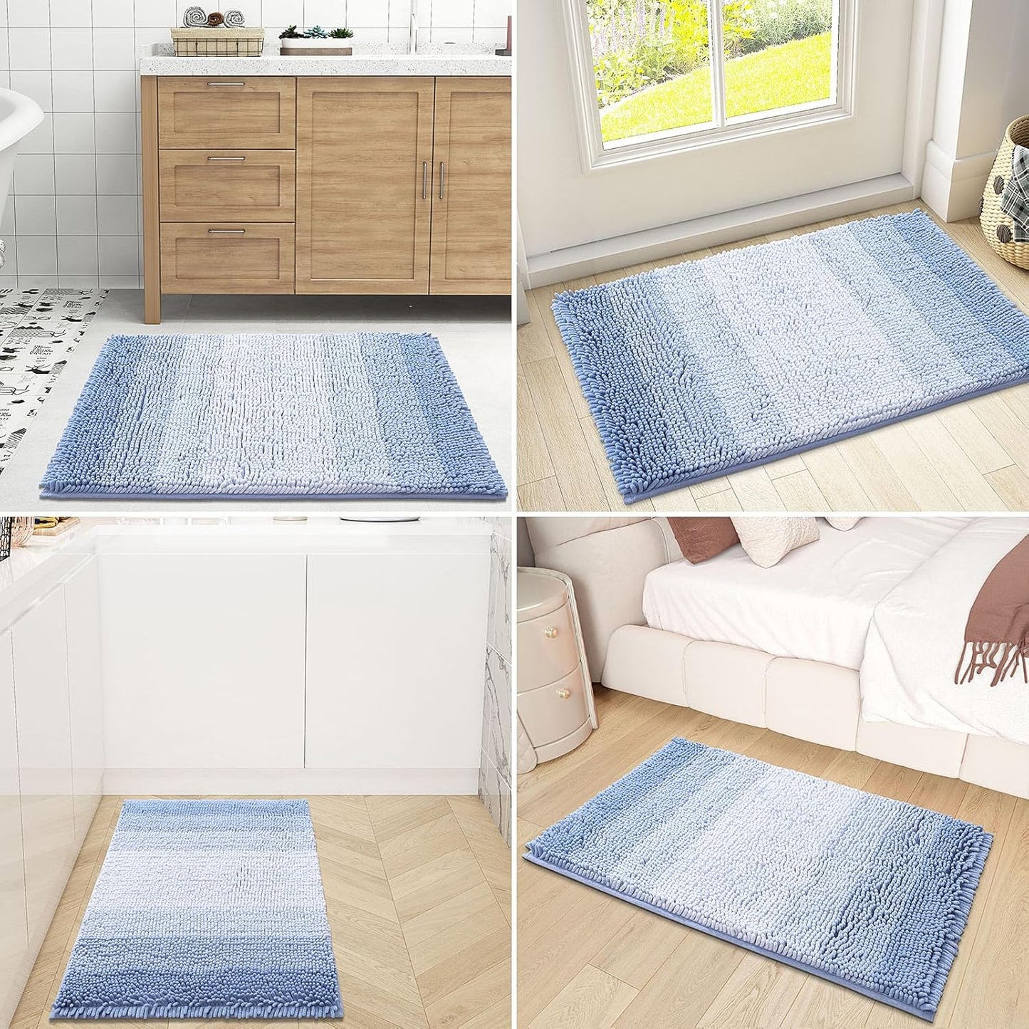 OLANLY Bathroom Rug - Extra Soft Chenille Shaggy Mat | Non-Slip, Machine Washable, 24 x 16 Inch, Blue