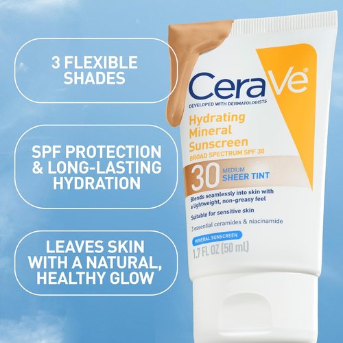 CeraVe Hydrating Mineral Sunscreen SPF 30 - Tinted Zinc Oxide Formula for a Healthy Glow | Medium, 1.7 oz