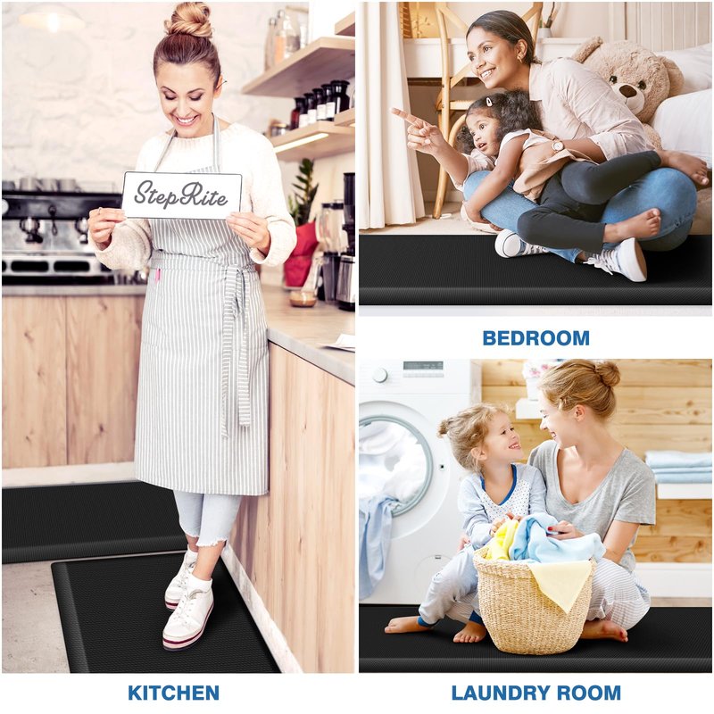 StepRite Kitchen Mats, 2PCS Kitchen Rugs, Cushioned Anti Fatigue Kitchen Mats for Floor, Non-Slip Standing Desk Mat, Waterproof Kitchen Rug Set for Kitchen,20" x 32"+20" x 94.5"-Full 1inch Thick,Black