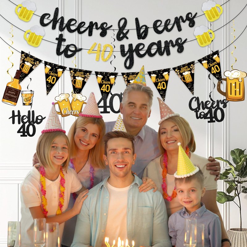 Black Gold 40th Birthday Decorations for Him Men, Glitter Pre-Strung Cheers to 40 Years Banner Hello 40 Hanging Swirls Paper Triangle Flag Banner Decorations Bday Party Supplies Kit