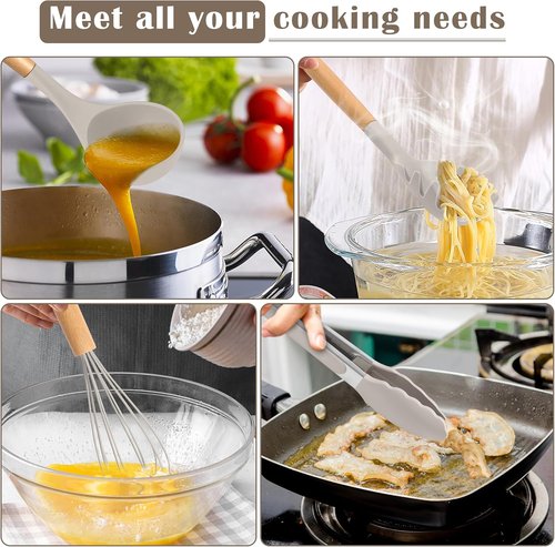 E-far Silicone Cooking Utensils Set - 10-Piece Heat Resistant Kitchen Tools with Wooden Handles | Non-Toxic Khaki