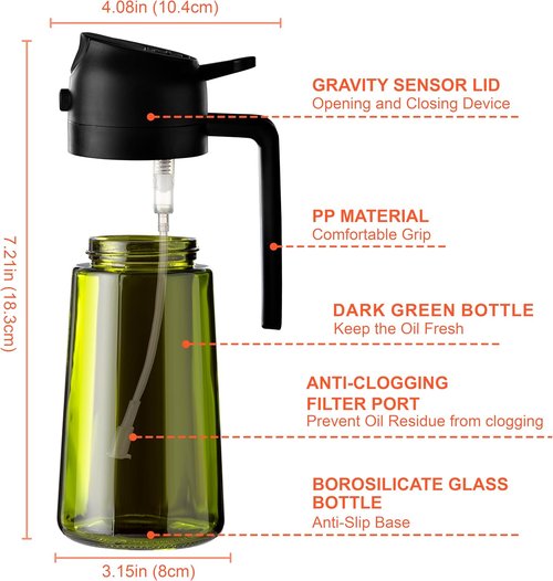 CXINYI - 16oz Olive Oil Dispenser with Stickers - 2-in-1 Sprayer for Cooking & Salads, Black