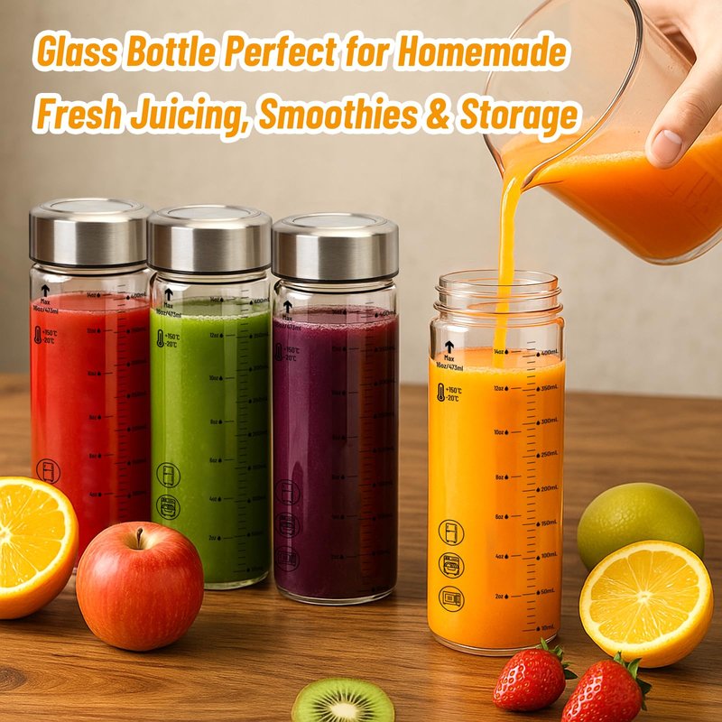 Luxfuel 12 oz Glass Juice Bottles with Lids, 6 Pack Wide Mouth Borosilicate Glass Bottles with Stainless Steel Lids, Heat-Resistant, Leakproof & Reusable for Juicing, Smoothies, Milk, Water, BPA-Free