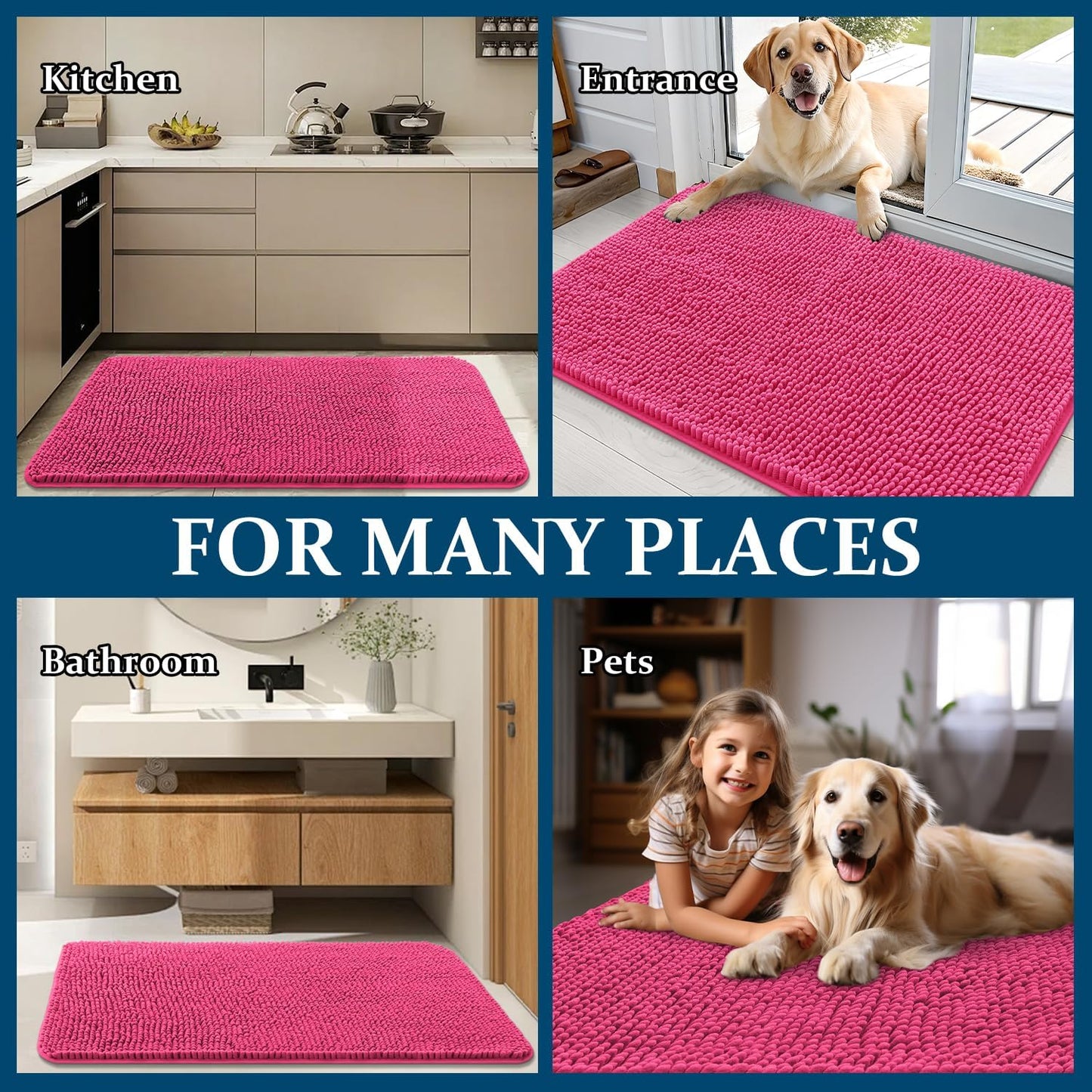 OLANLY Dog Door Mat - Absorbent Non-Slip Mud Mat for Dogs | Quick Dry Chenille, 45x27, Hot Pink