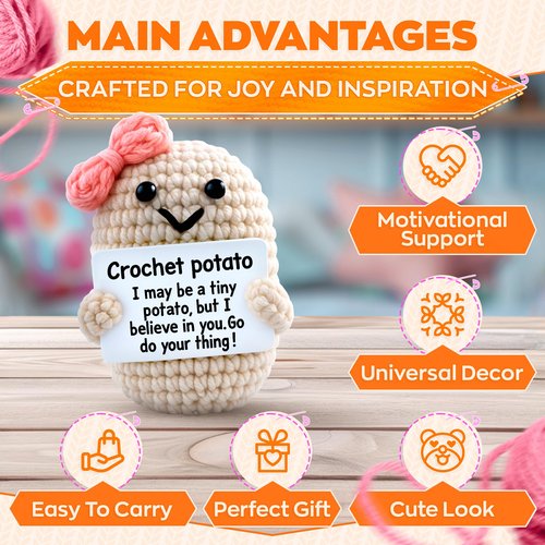 Crochet Potato Desk Figurine Ribbon & Motivational Card - 3.14x2.36" Handmade Mini Plush Decor Gift for Women, Coworker, Teacher, Friend | Office Shelf Accent - Great as Graduation Gift for Daughter