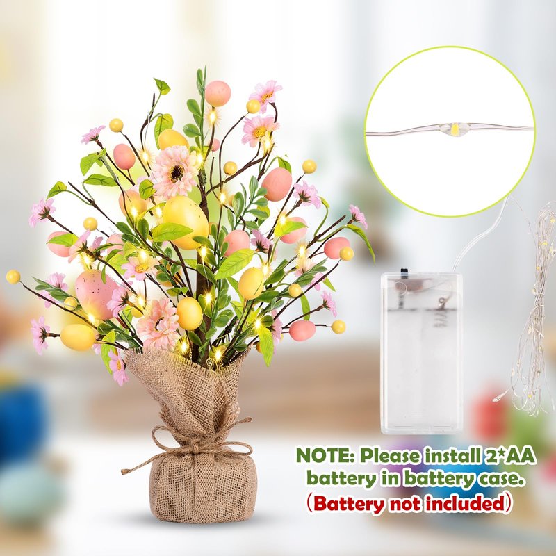 Easter Decorations, Pre-Lit Easter Egg Tree Tabletop Decor with Delicate Ornaments, for Home Easters Party Wedding Holiday Spring Summer Kitchen Dining Table Decor (Pink)