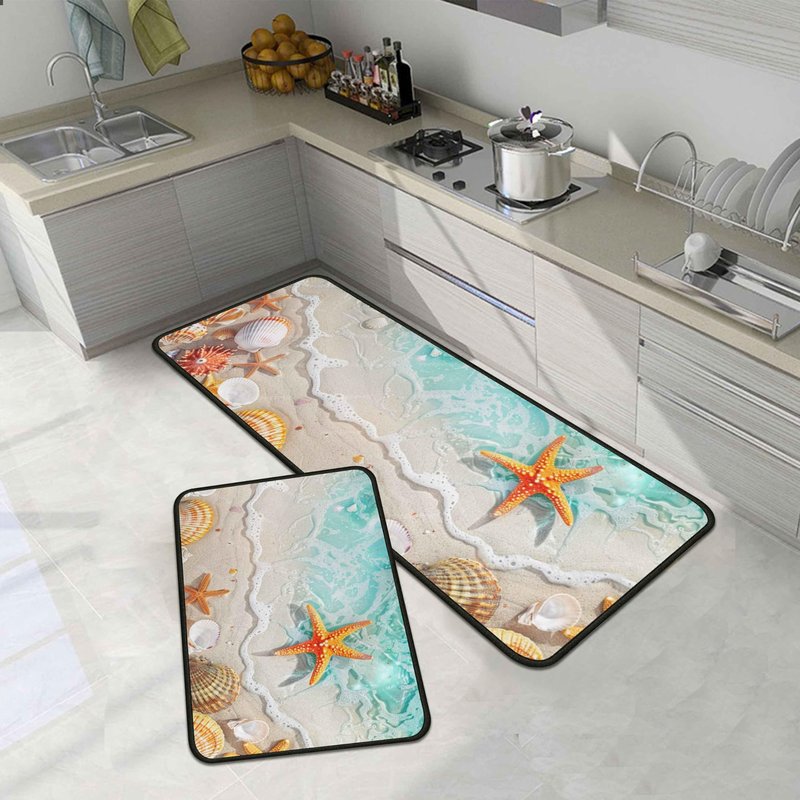 Lumiprinta Ocean Theme Tropical Beach Seashell Starfish Decorative Kitchen Rugs and Mats Set of 2, Low-Profile Floor Mats Decorations for Home Kitchen 17"x47"+17"x30"