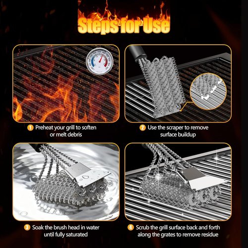 HOUSE AGAIN Grill Brush - Bristle-Free 304 Stainless Steel Head for Safe BBQ Cleaning | Perfect for Smoker & Porcelain Grills