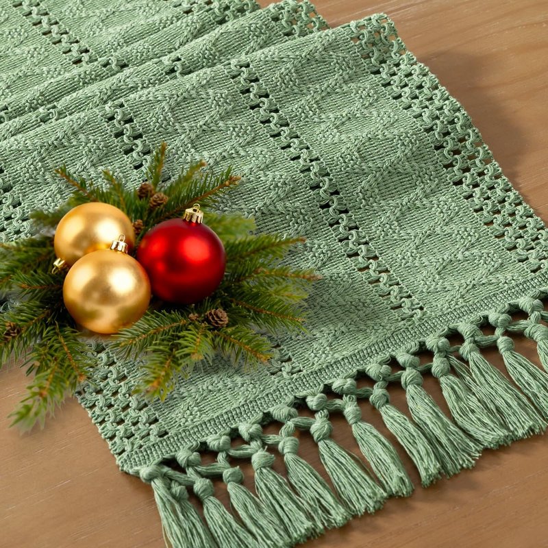 Socomi Boho Table Runner Summer Farmhouse Rustic Dining Kitchen Centerpiece Decor Small Macrame Woven Cotton Linen Coffee Table Runner for Dresser Scarf Home Decor Sage Green 12x48 inch
