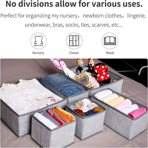 Criusia Foldable Underwear Drawer Organizer - Closet Dividers for Clothes & Socks (6 Bins, Gray)