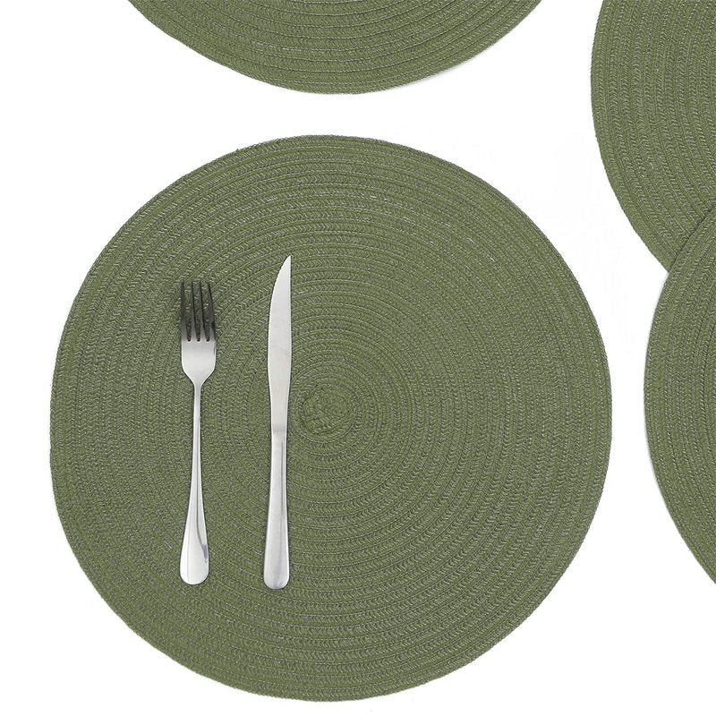 SHACOS Round Placemats Set of 12 Washable 15 inch Round Table Mats Cotton Polyester Woven Braided Place Mats for Dining Table Wedding Party Decor (Olive Green, 12)