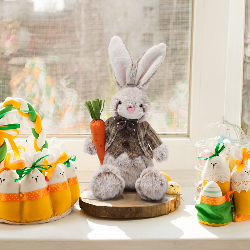 Juegoal 2 Pack Easter Bunny, 12.6" Handmade Huggable Rabbits Couple, Easter Basket Rabbits, Cute Bunny Party Favor Figurine, Spring Tabletop Holiday Room Decorations