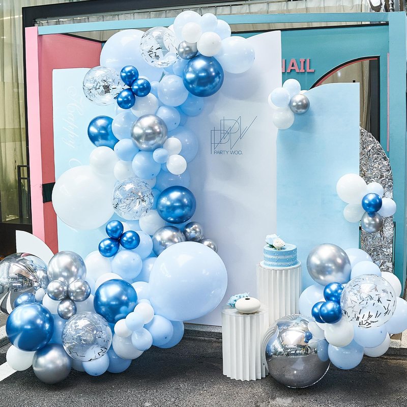 PartyWoo Blue White and Silver Balloon Arch Kit Garland 142pcs Different Sizes of 18 12 10 5 Inch Pastel Metallic Blue White Metallic Silver Confetti Balloons for Baby Shower Party Decorations