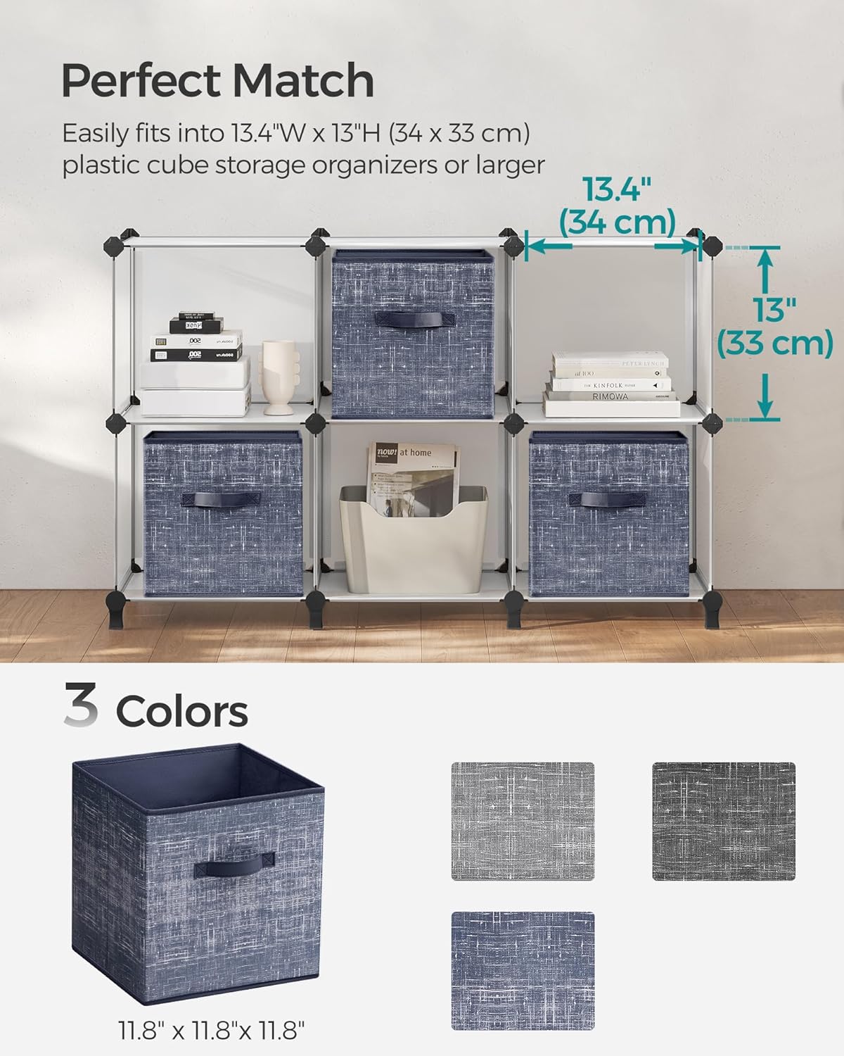 SONGMICS Storage Cubes - 11.8-Inch Foldable Non-Woven Fabric Bins | Set of 6, Misty Blue Closet Organizers