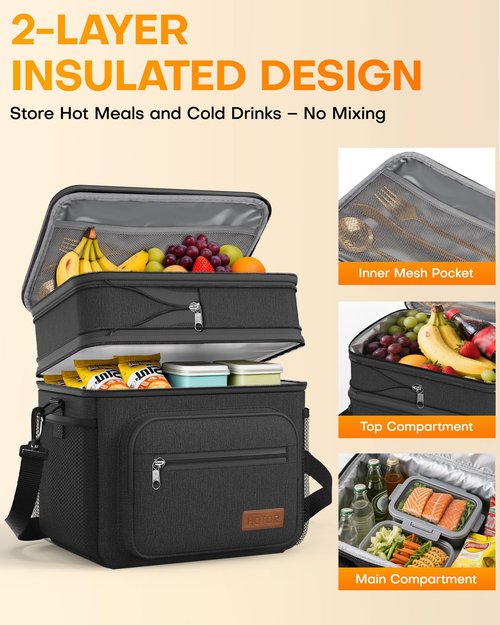 HOTOR Lunch Box for Men & Women - Double-Layer Insulated Lunch Bag with Leakproof Liner, Portable Cooler for Work, Travel, or Picnic, Black, 12L, 11.1" x 9.7" x 6.7"